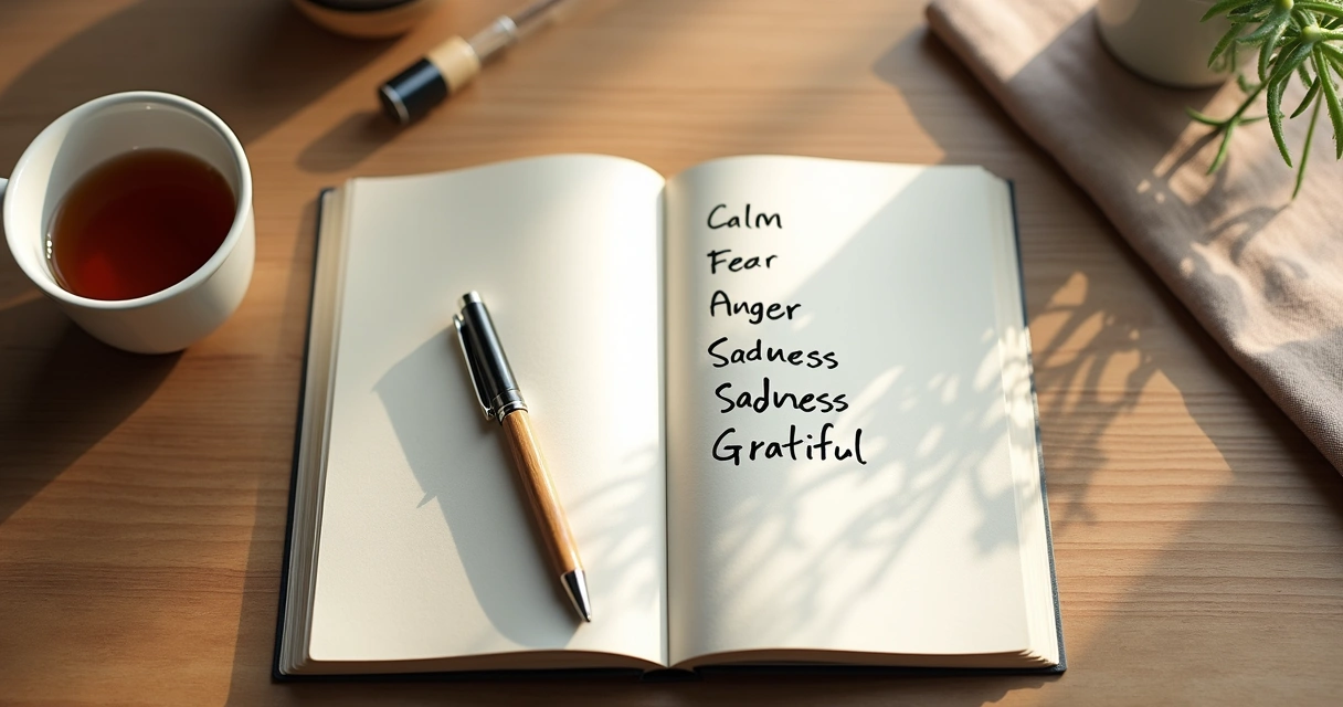 Open journal beside tea and a handwritten emotion check list