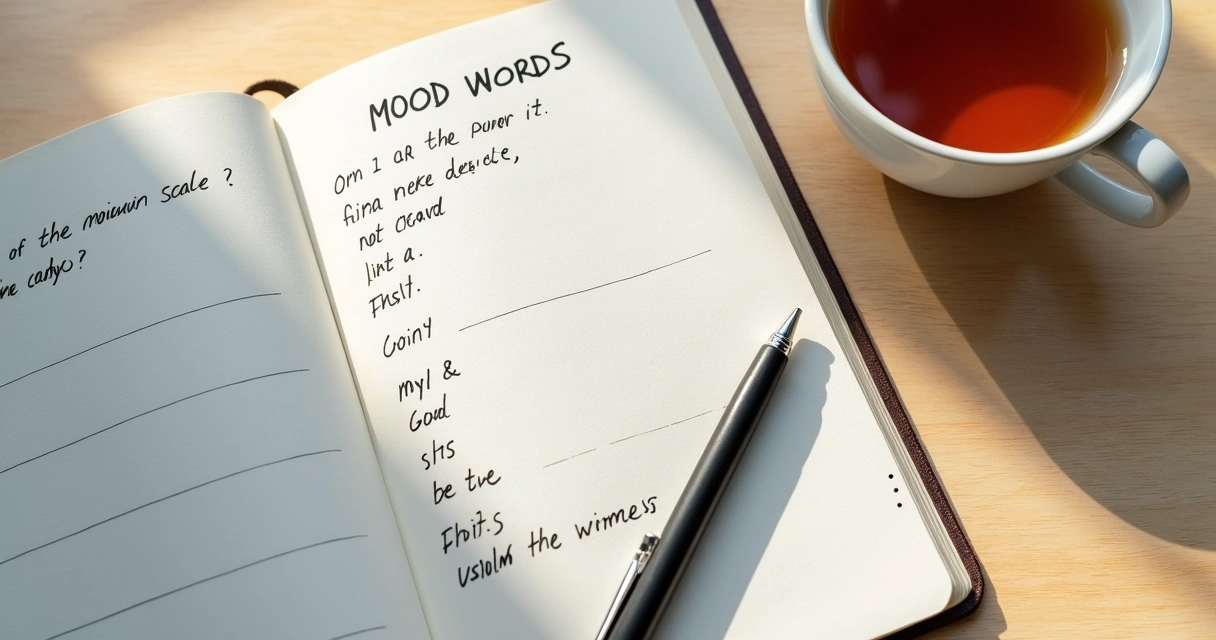 Notebook with mood notes beside tea and a pen 