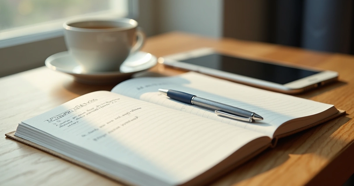 Open journal with emotion notes beside tea and a phone on a desk