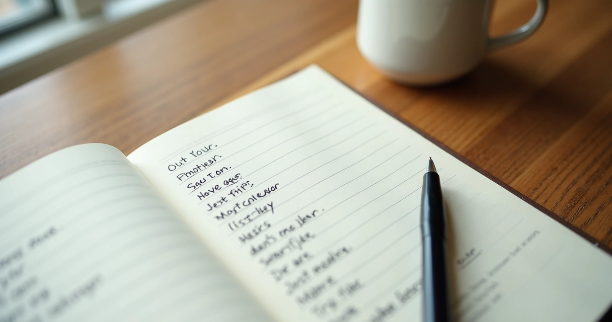 Open journal with emotion words and a pen on a desk 
