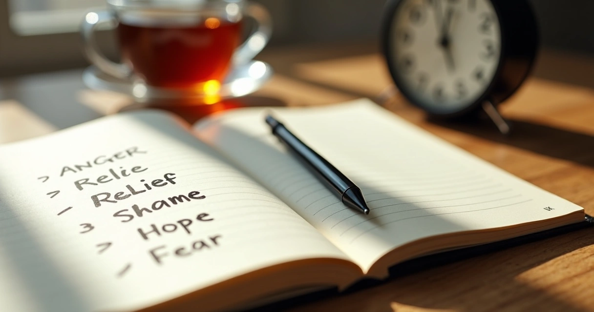 Open journal with handwritten emotion words and a pen on a desk 