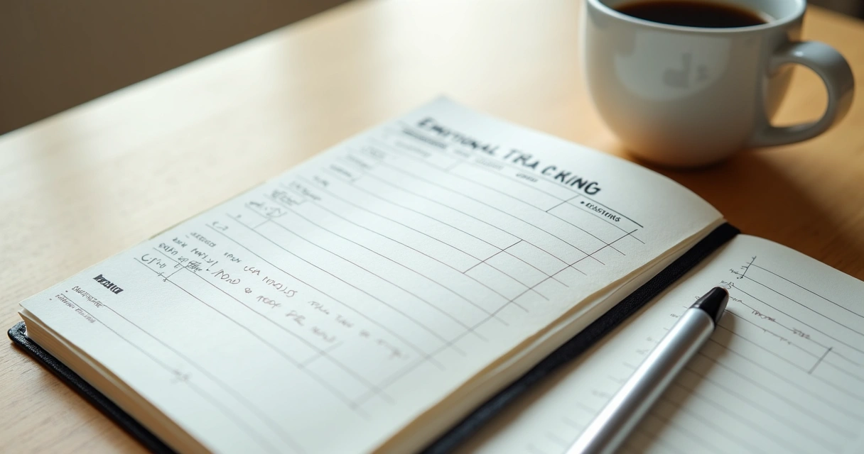 Notebook with mood tracking notes beside a cup of coffee 
