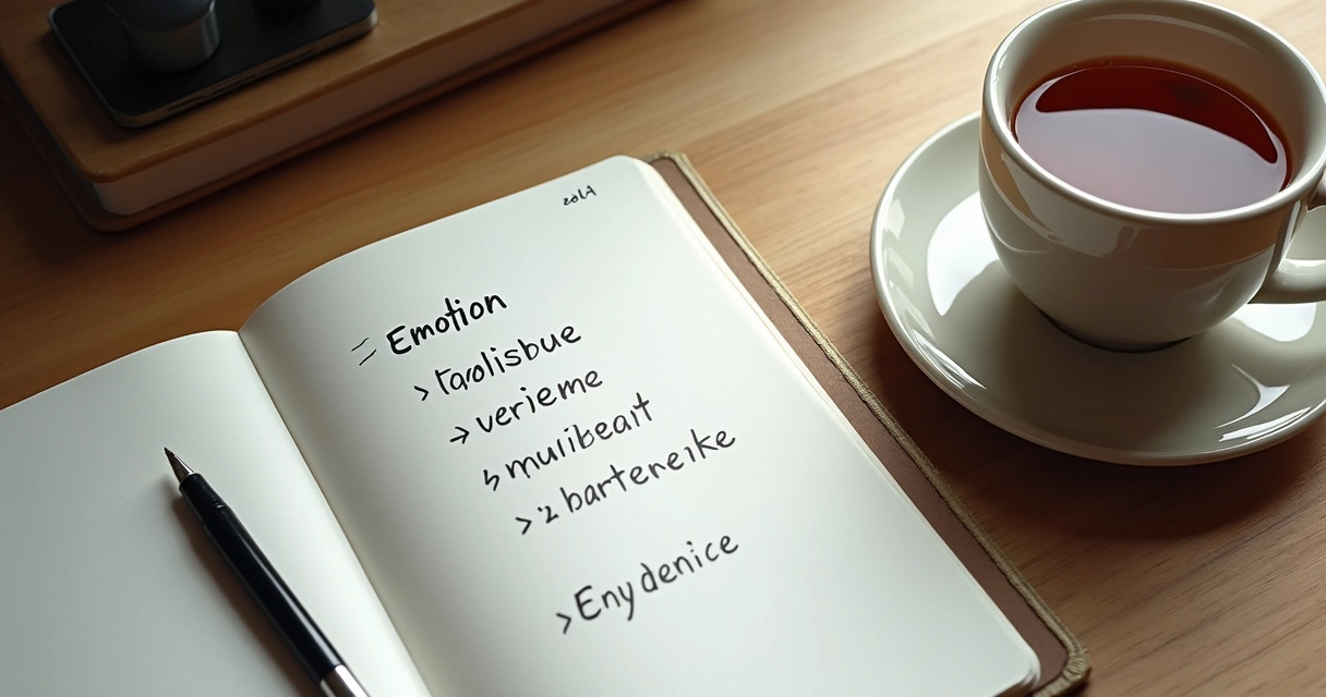 Notebook with handwritten feelings list and a cup of tea 