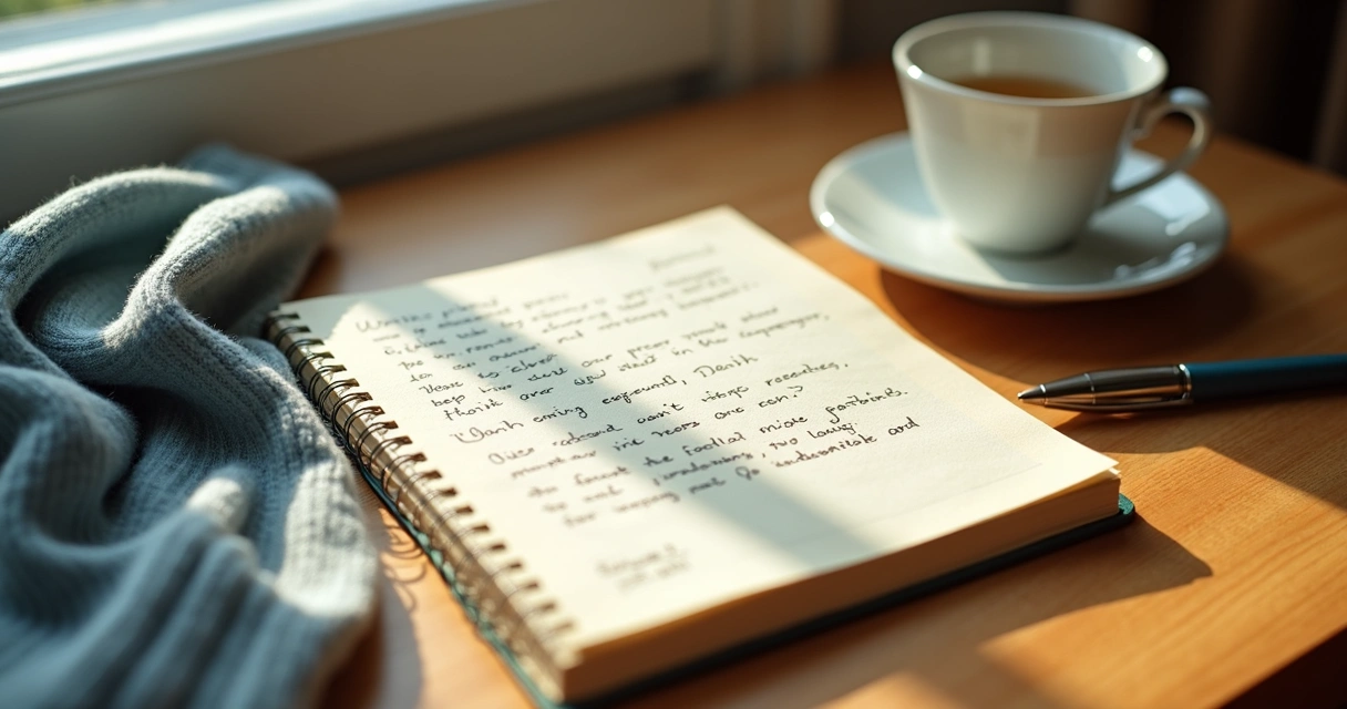 Open journal with notes about emotions beside a cup of tea 