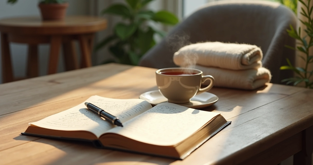 Open journal and tea on a quiet table