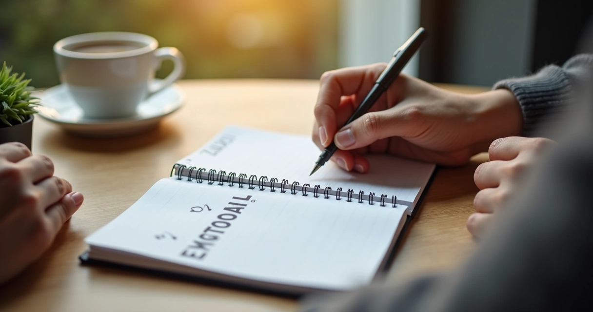 Close-up of hands writing in a notebook about emotional triggers
