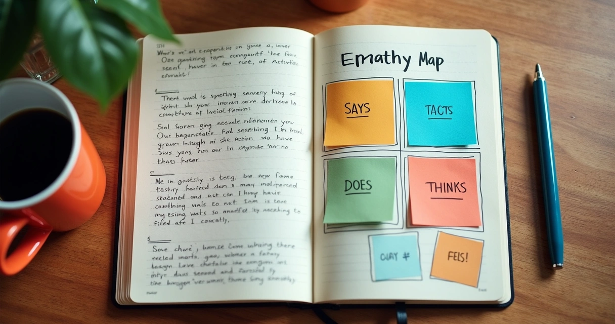 Open journal with handwritten notes and an empathy map sketched beside a coffee cup