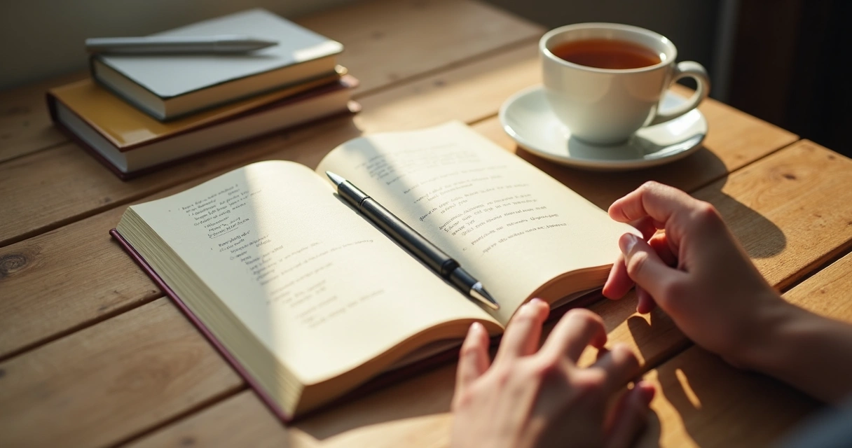 Notebook, pen, and tea on a table for quiet reflection 
