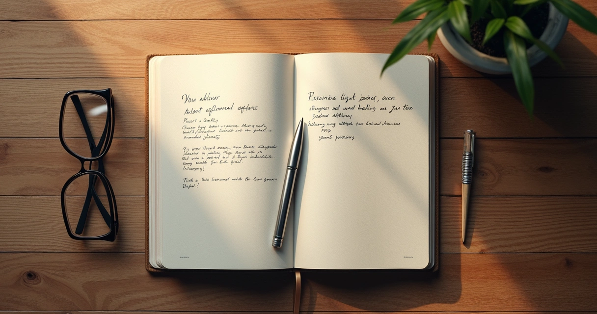 Opened journal, pen, and glasses on wooden table 