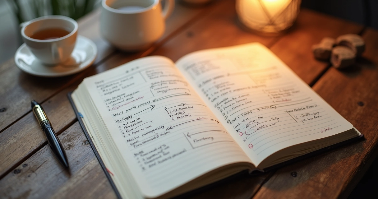 Notebook with habit notes and feedback patterns on a desk