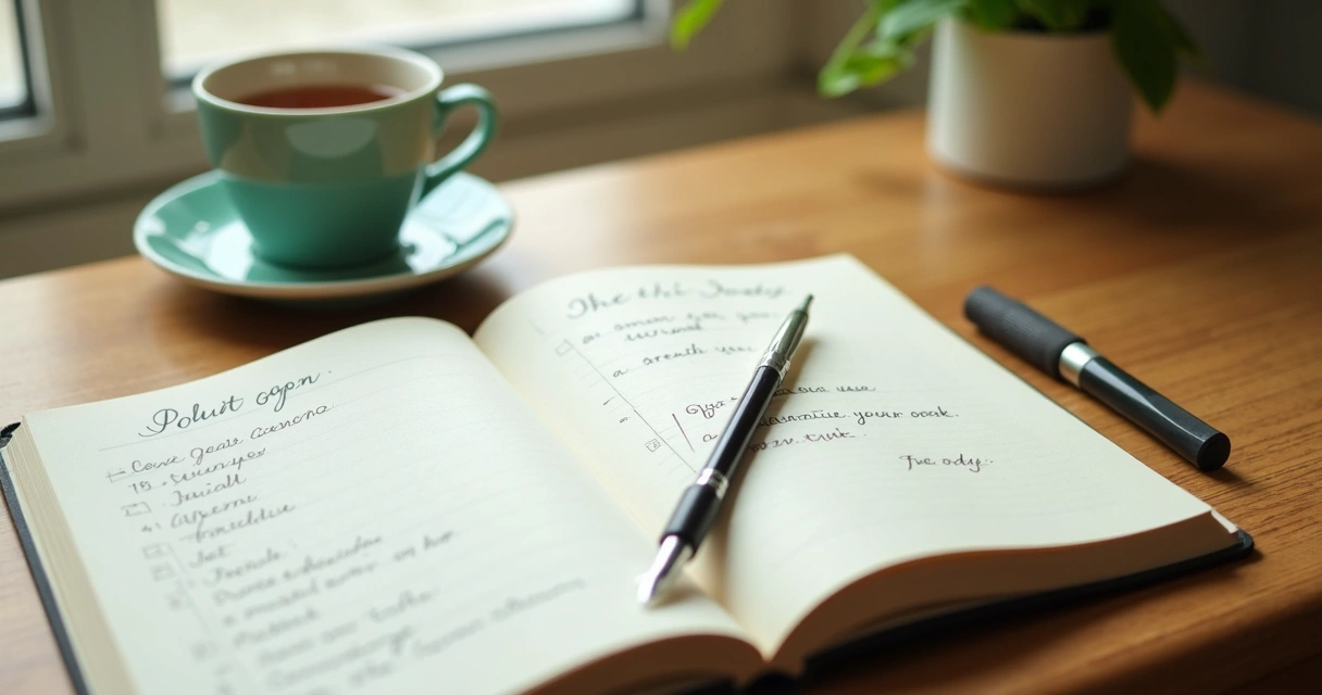 Open journal with handwritten goals and a cup of tea on a desk