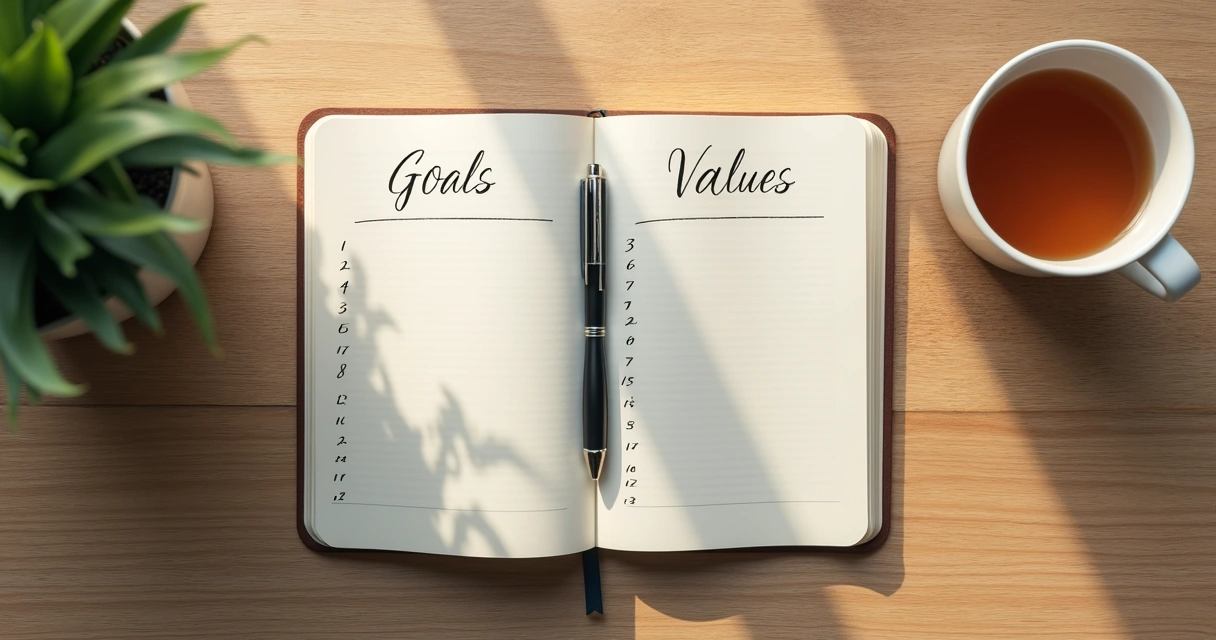 Open journal with handwritten goals and value notes on a desk 