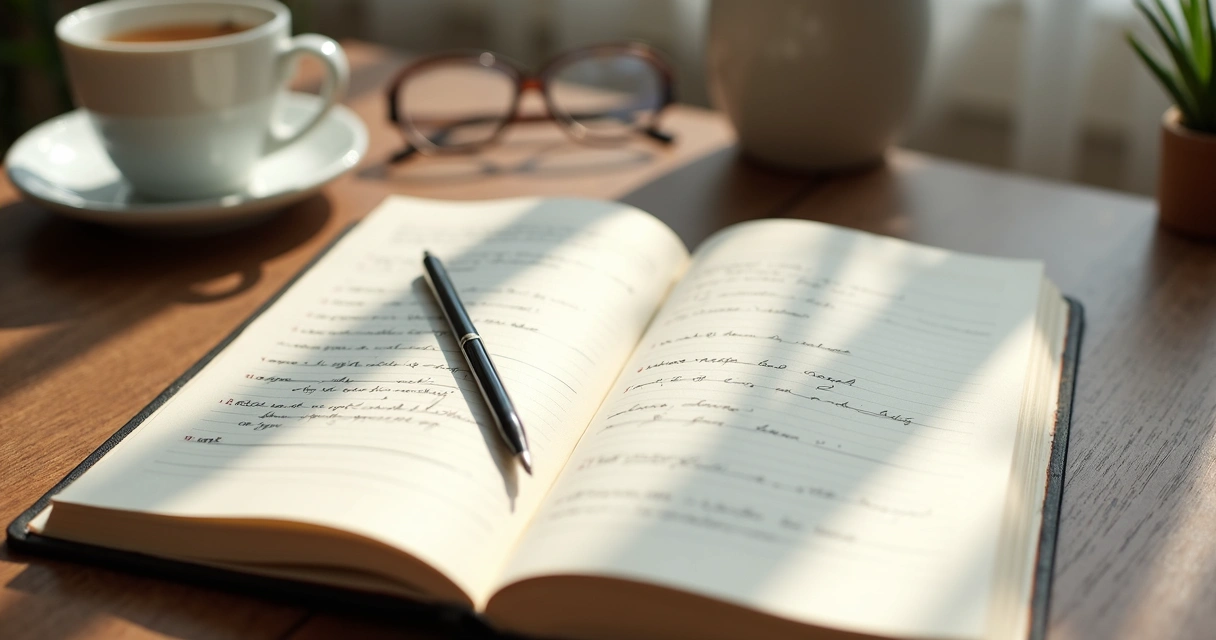 Open journal with handwritten goals and a pen on a quiet desk