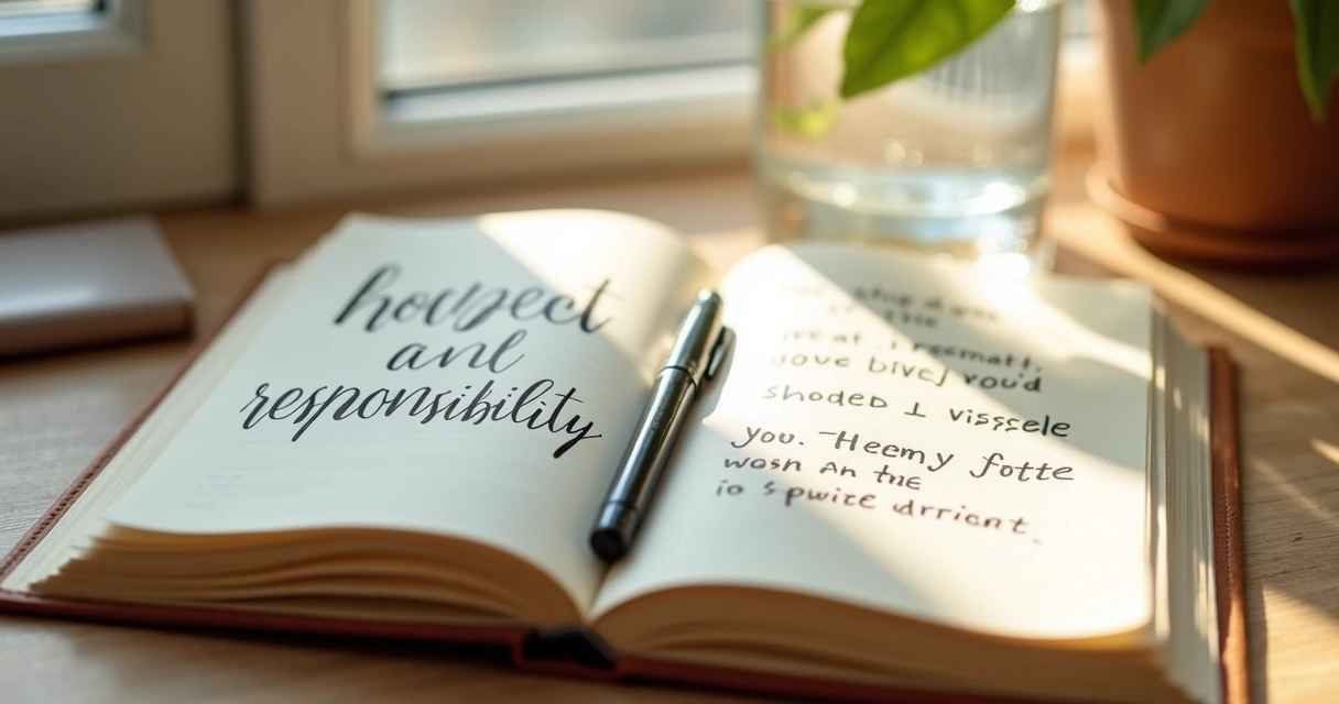 Open journal with handwritten values and reflective notes on a desk 