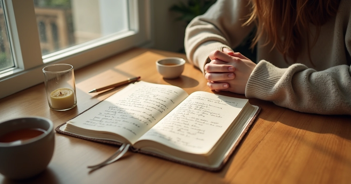 Open journal beside tea and candle on a quiet table 