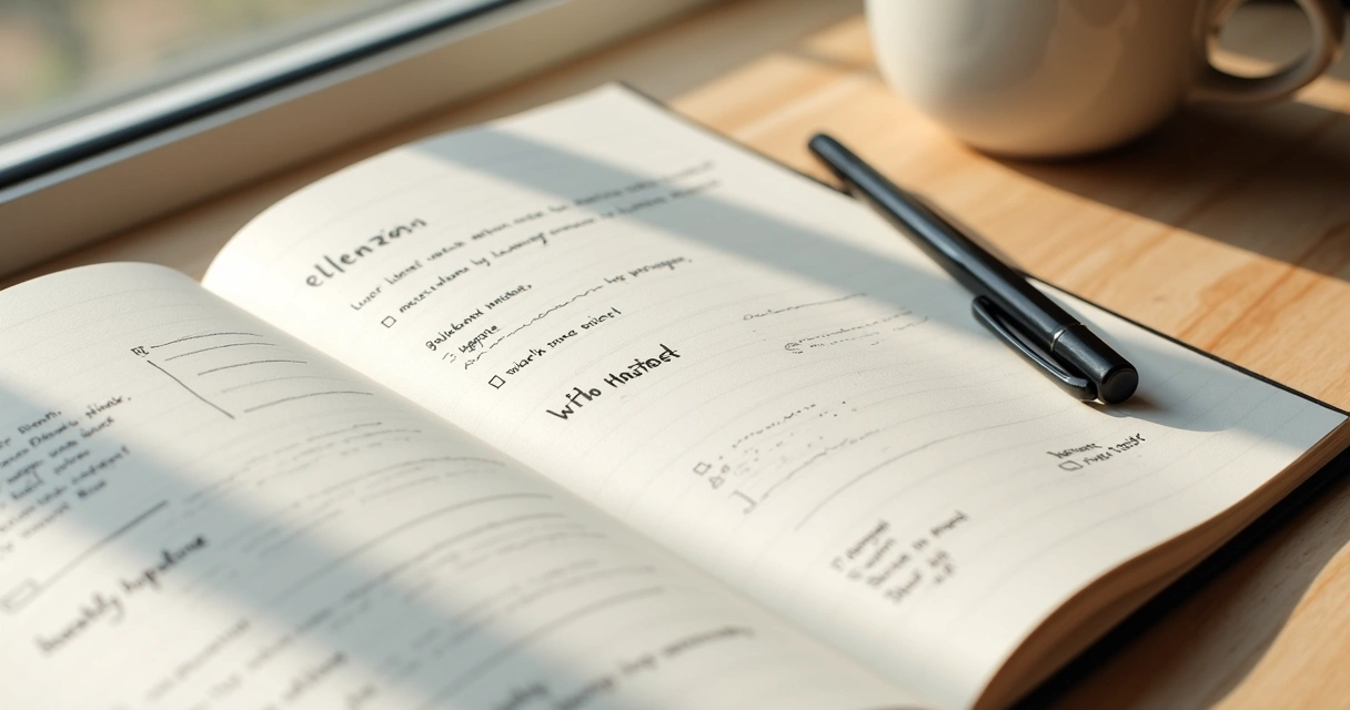 Open journal with intention notes beside a cup and pen