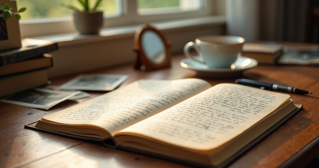 Open journal with handwritten notes and symbolic objects on a desk