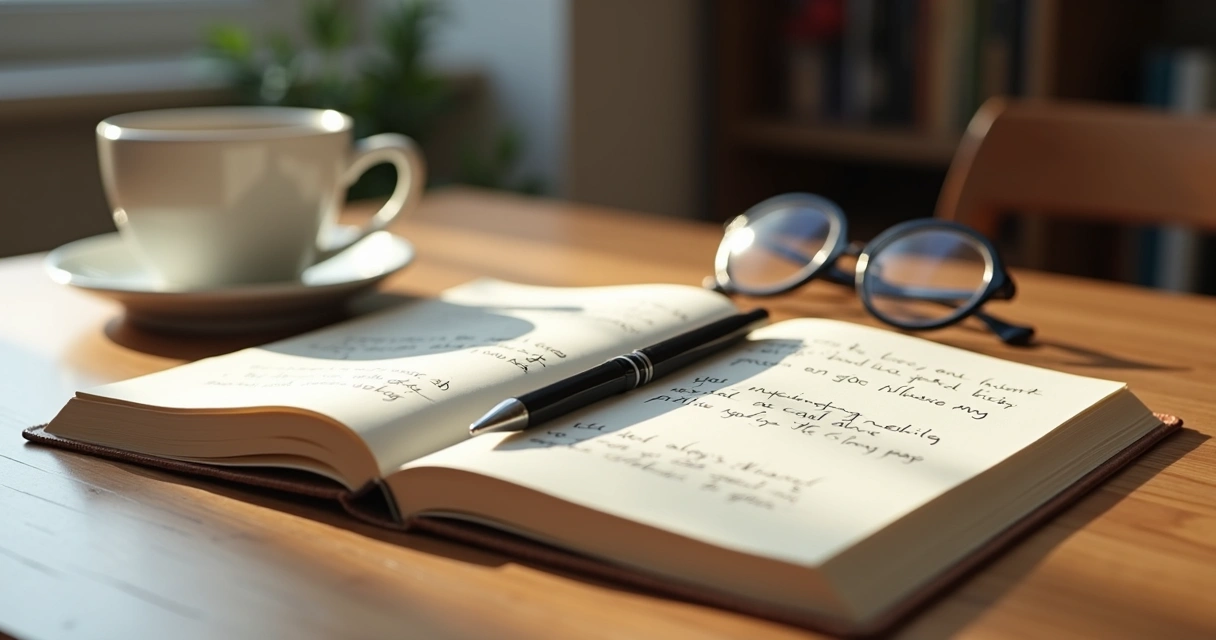 Open journal beside glasses and coffee during a life transition