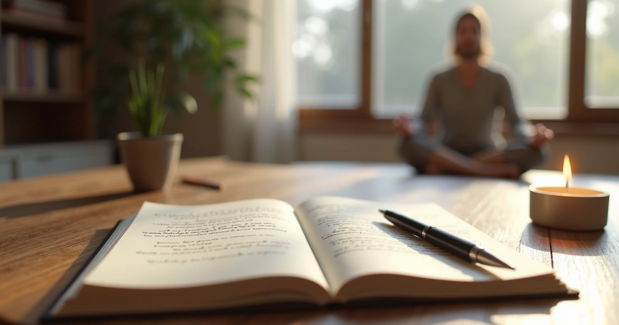 Notebook and candle beside a seated meditation practice