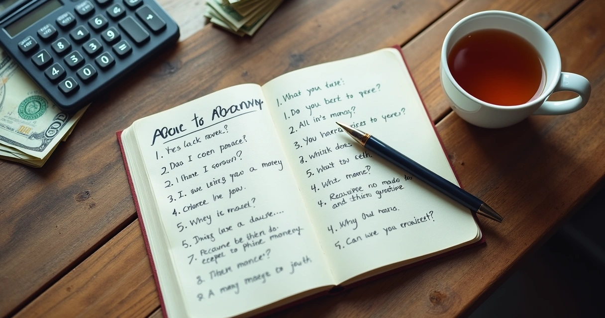 Notebook with handwritten money reflection questions on a desk 