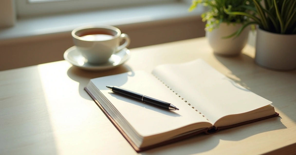 Open journal on a wooden desk by a window 