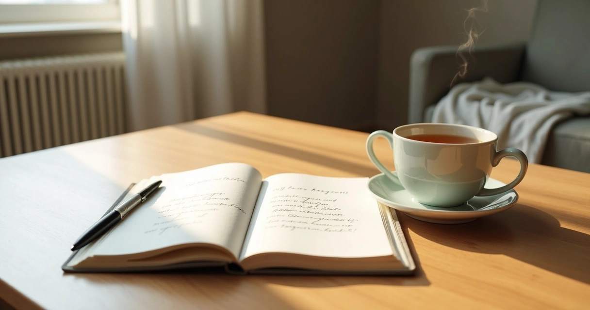 Open journal and tea on a quiet morning table 