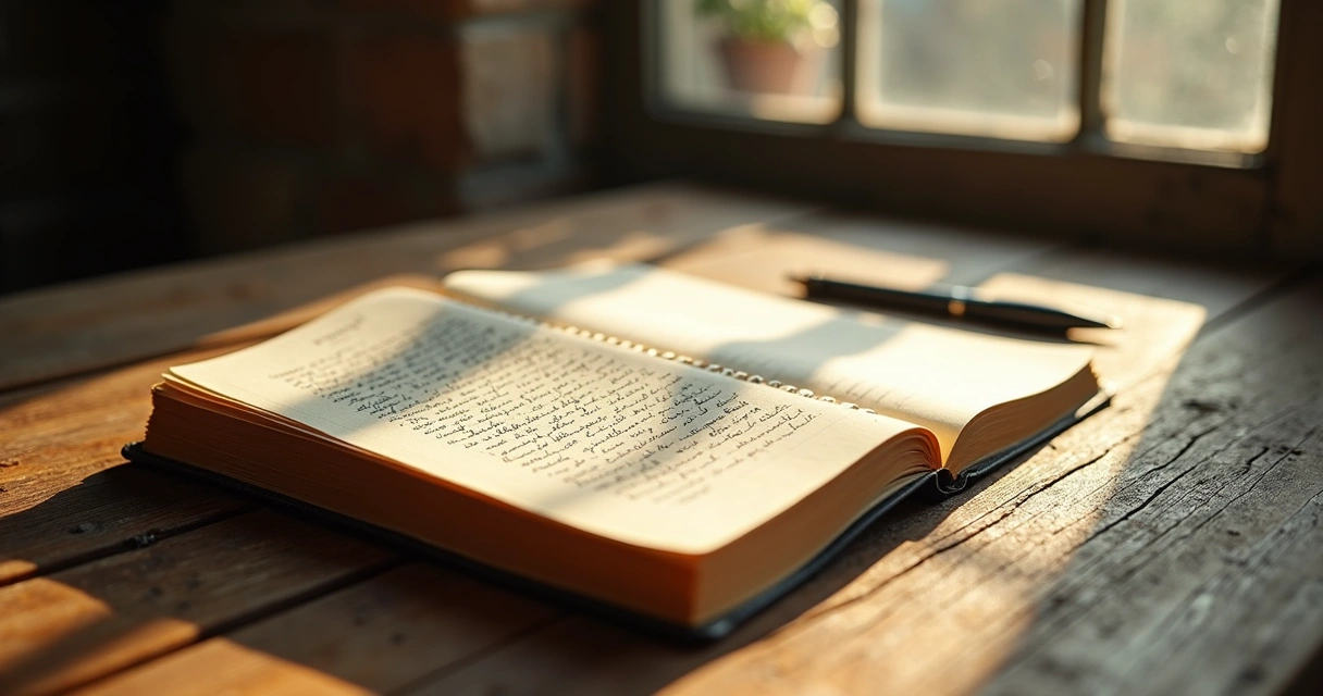 Open journal with handwritten notes on wood table