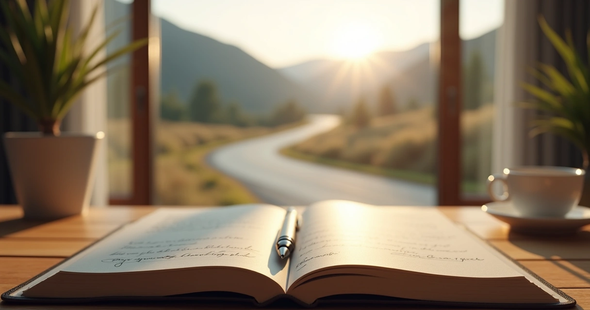 Open journal beside a window with a road in the distance