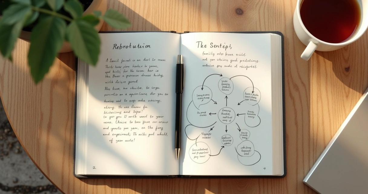 Open journal with handwritten notes beside a cup of tea 