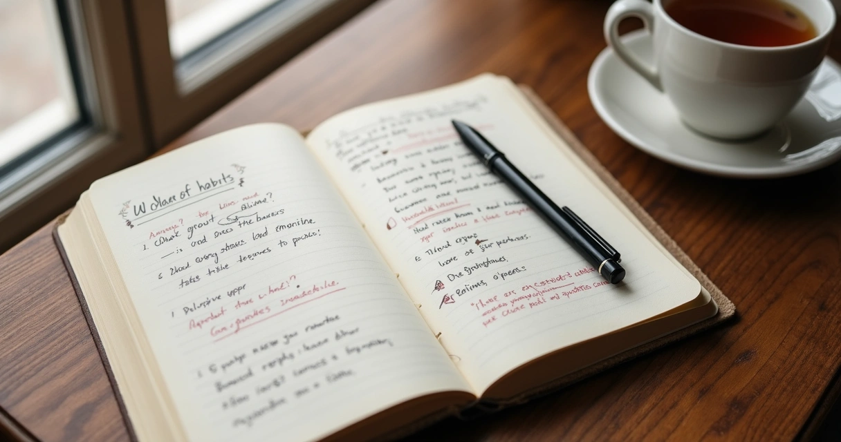 Open journal with notes beside a cup of tea and soft window light 