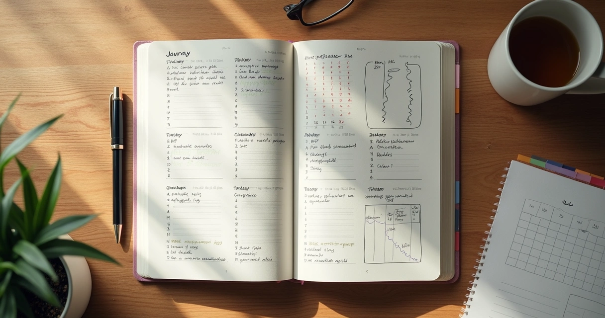 Journal with charts and notes for personal progress tracking 