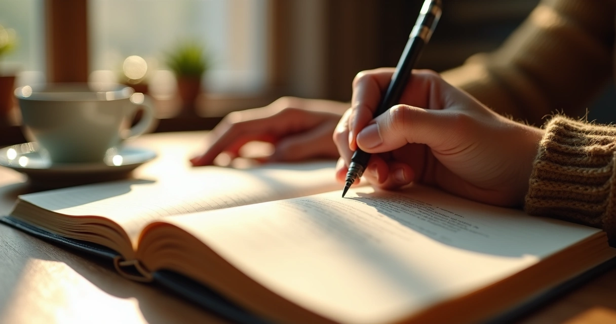 Hands writing in a journal with a cup of coffee and soft light 