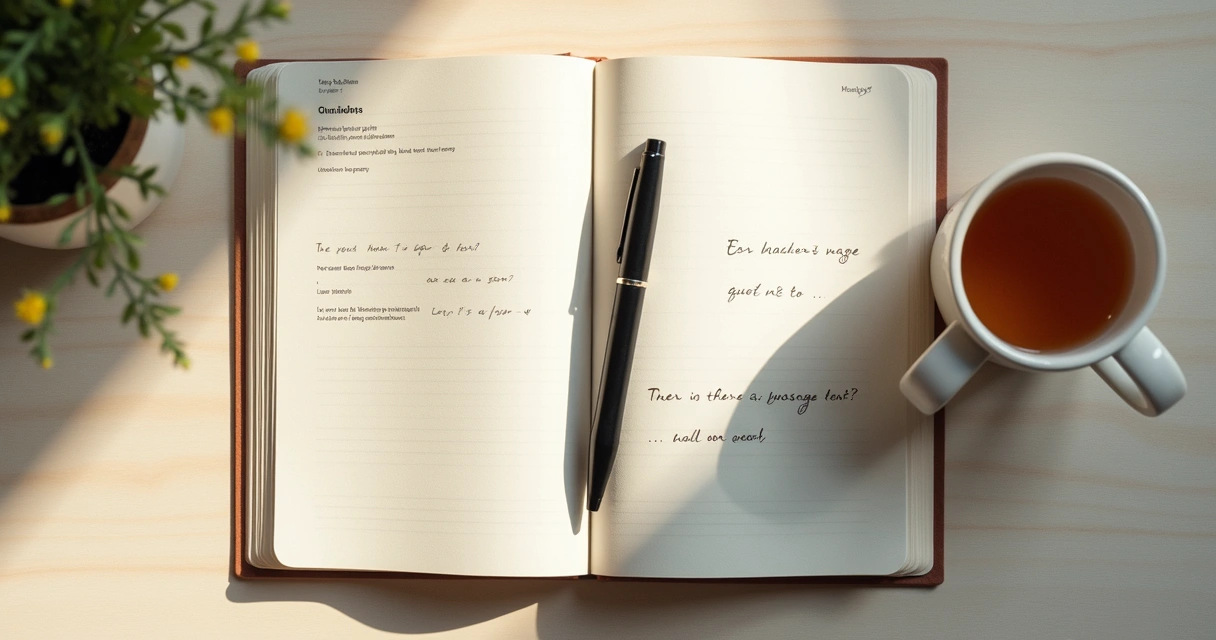 Open journal with handwritten prompts beside a cup of tea on a desk 