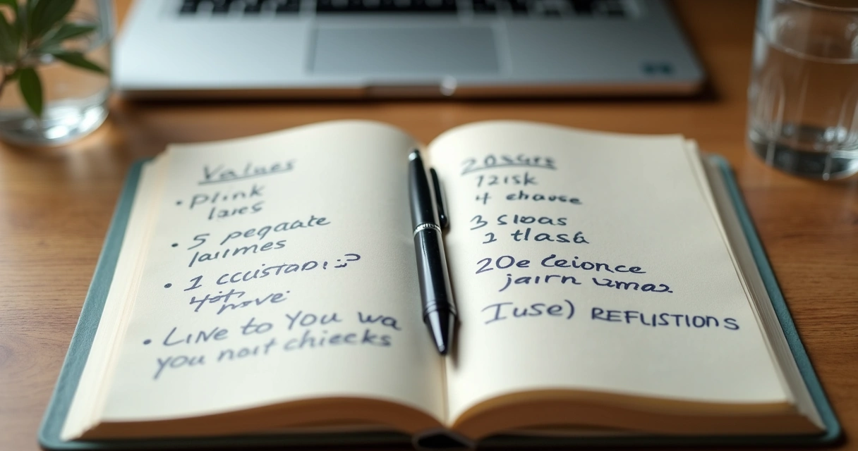 Open journal with purpose notes on desk 