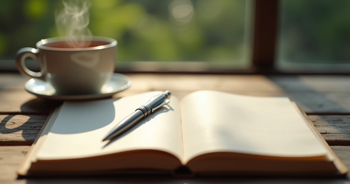 Journal and pen beside a cup of tea on a wooden table 