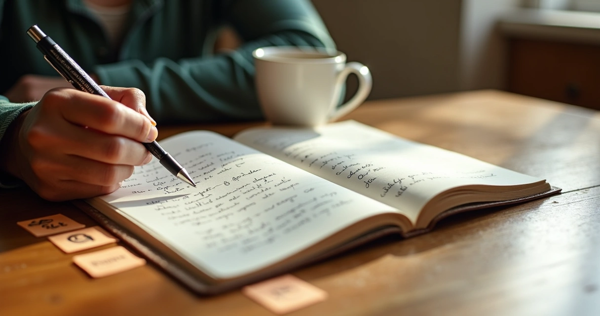 Open journal with handwritten reflections on ethics