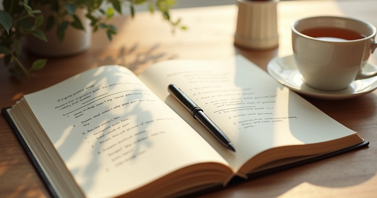 Open journal and tea on a calm desk for reflection 