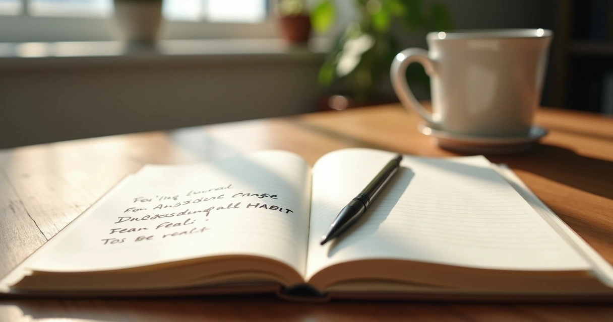 Open journal on a desk beside a cup and soft morning light