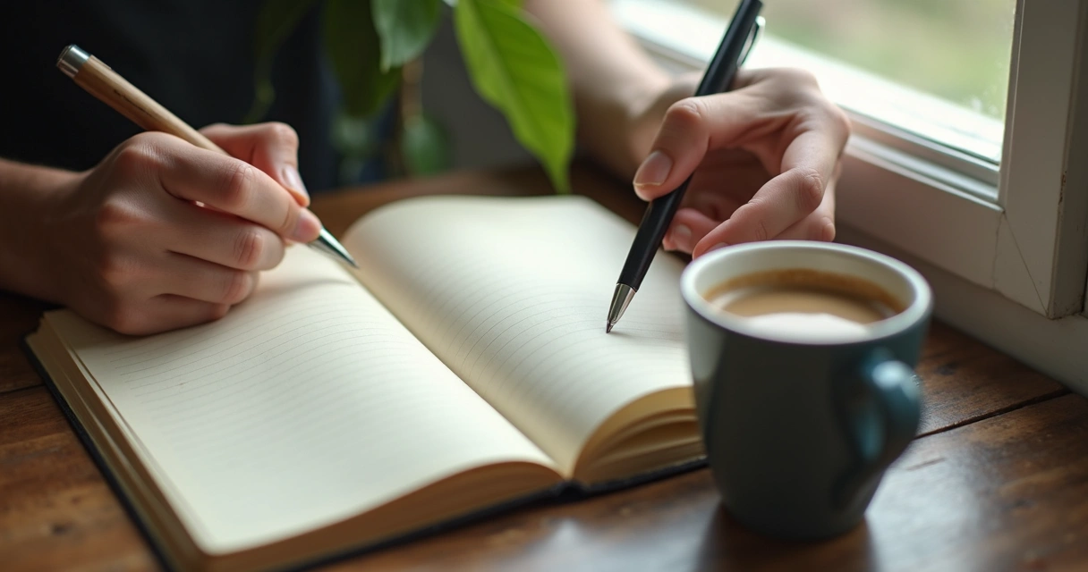 Open journal beside coffee near a window during quiet reflection