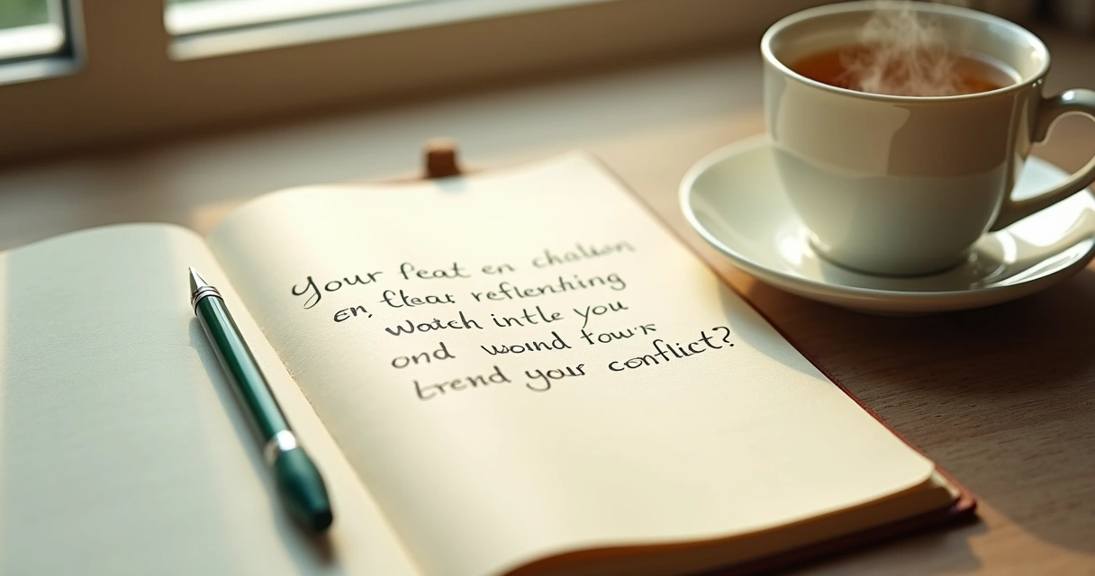 Open journal with reflection notes beside a cup of tea