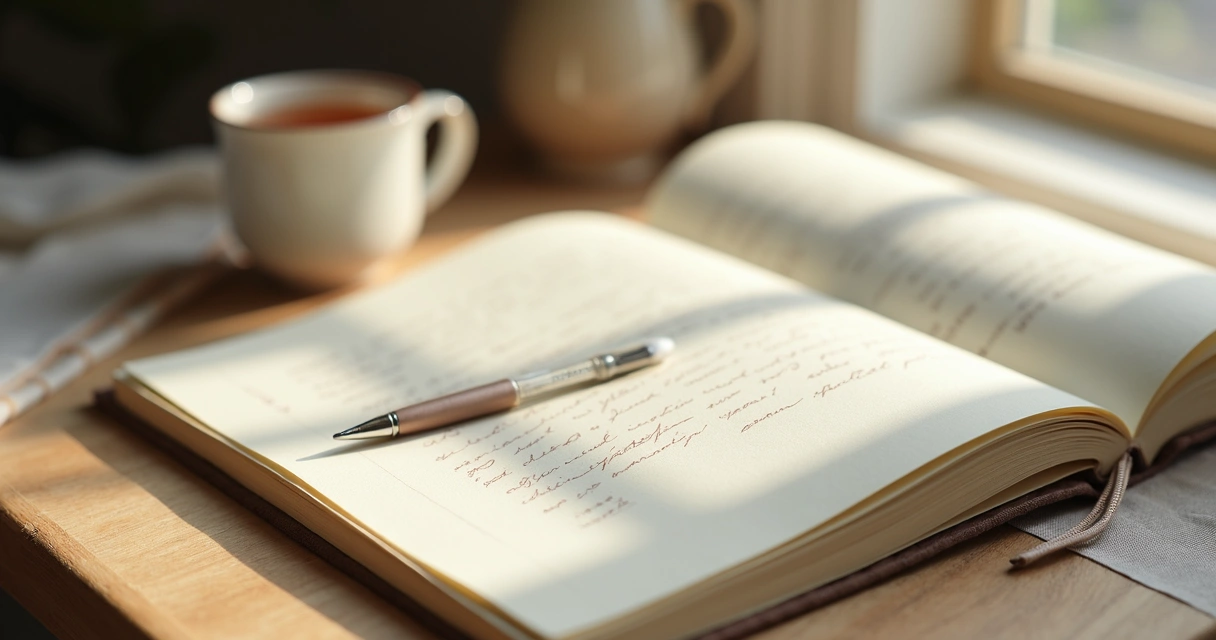 Open journal and pen on a quiet desk by a window