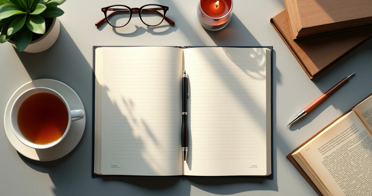 Open journal on a desk beside tea and a pen for quiet reflection