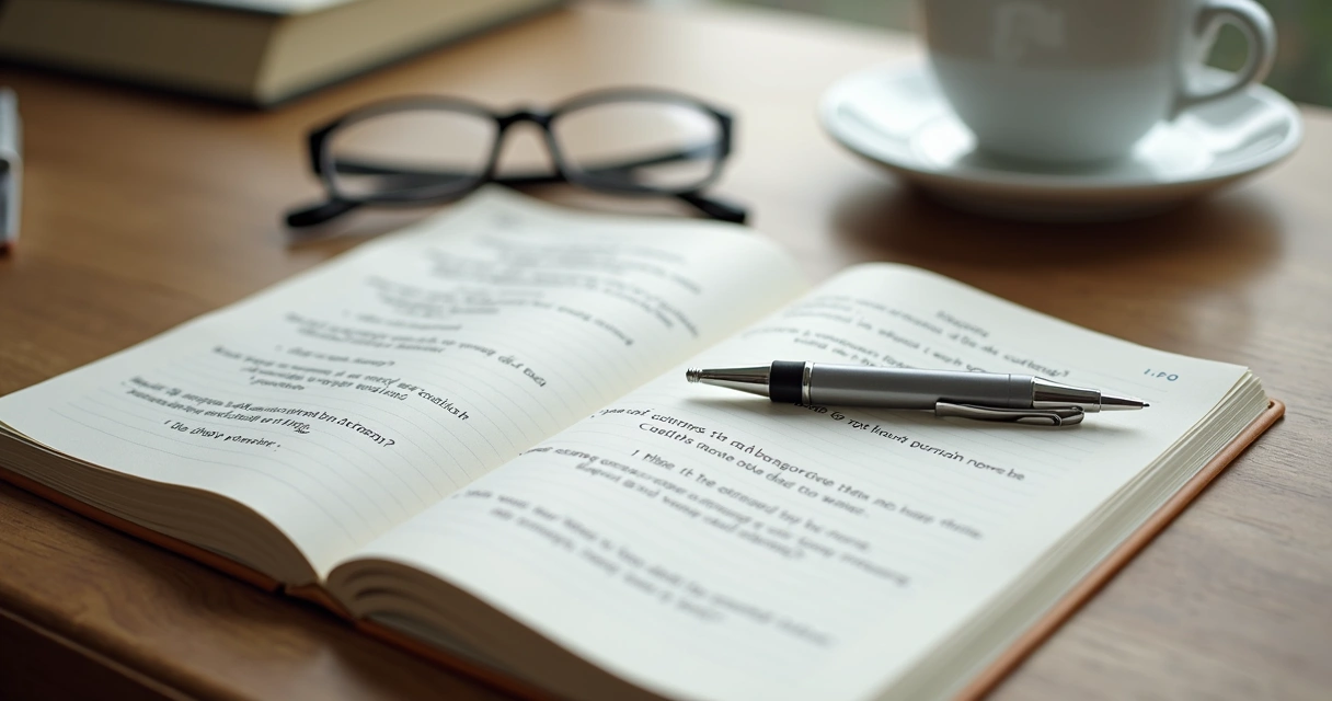 Notebook and glasses on a desk for moral reflection