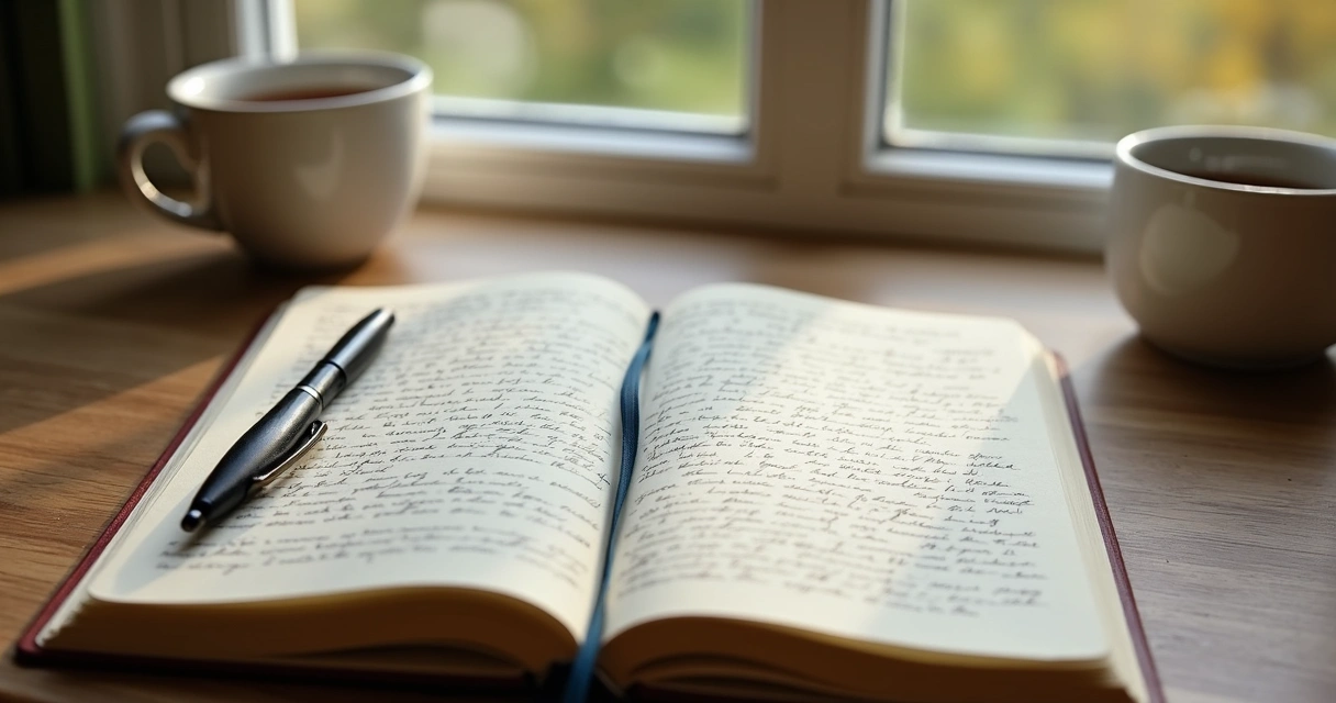 Open journal and pen beside a cup on a quiet desk