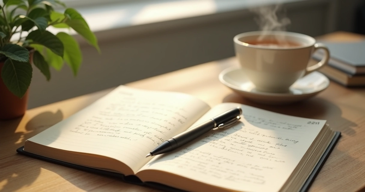 Open journal and pen on a calm desk by a window