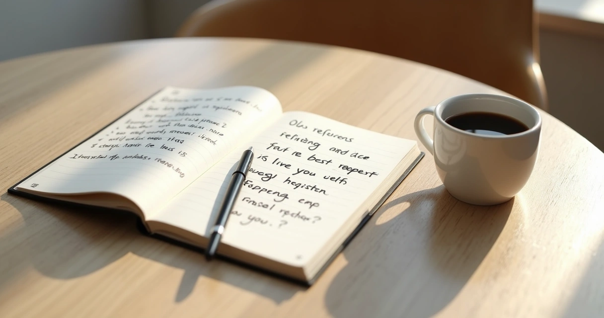 Notebook and coffee during self-reflection