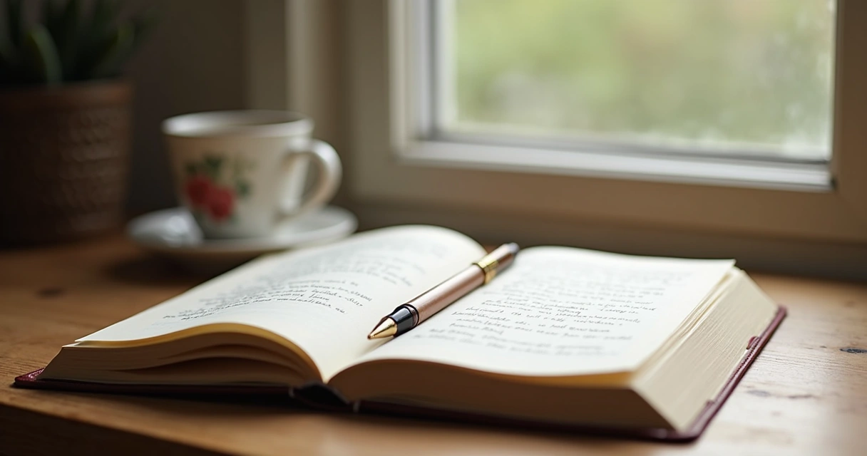 Open journal and pen on a quiet desk by a window