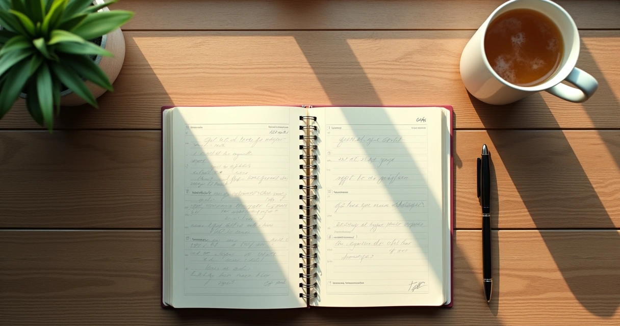 Open journal with handwritten notes on a wooden desk, pen beside the book 