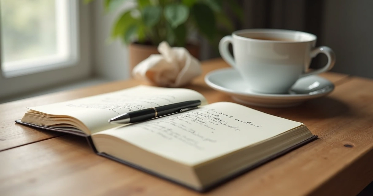 Open journal and tea on a quiet desk 