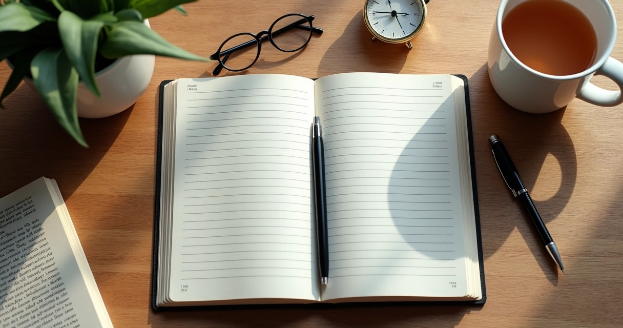 Notebook and pen beside a cup during reflective writing